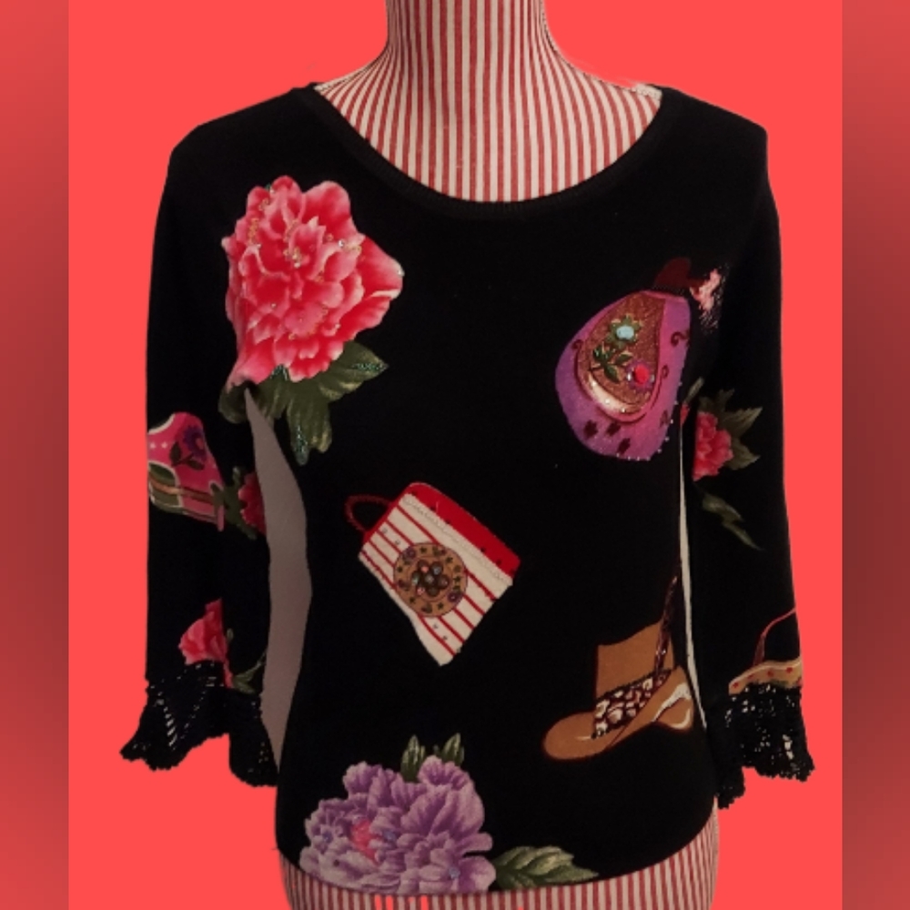 Vintage Elizabeth York Sweater Art to Wear Size Small! Crochet Cuffs! LOVELY!